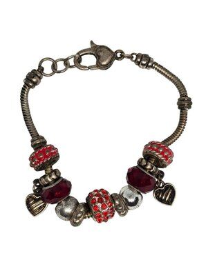 Red Crystal Charm Bracelet Silver Tone European Bead Heart Dangle Pandora Style